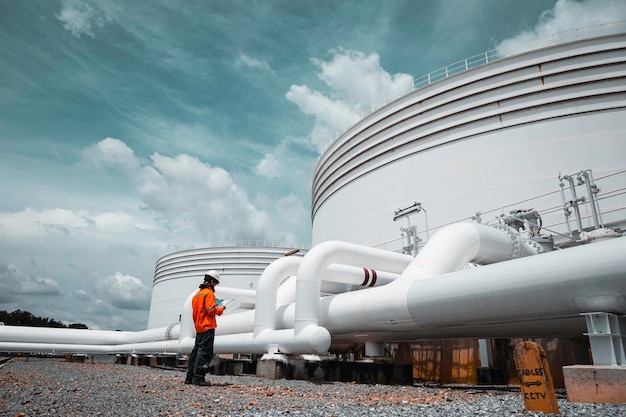 Male worker inspection at steel long pipes and pipe elbow in station oil factory during refinery valve of visual check record pipeline tank oil