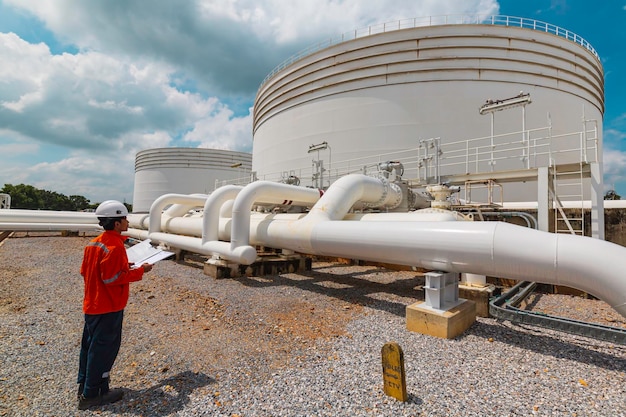 Male worker inspection at steel long pipes and pipe elbow in station oil factory during refinery valve of visual check record pipeline tank oil