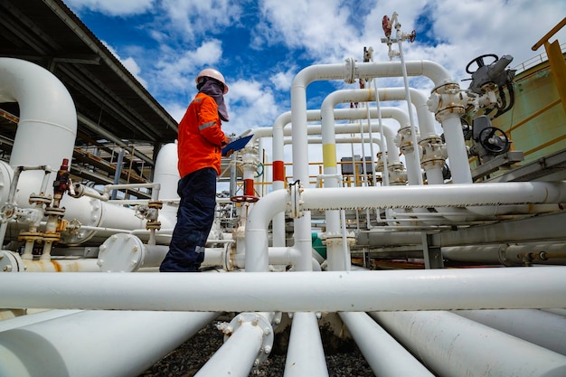 Male worker inspection at steel long pipes and pipe elbow in station oil factory during refinery valve of visual check record pipeline