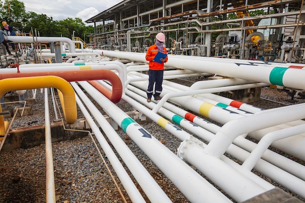 Male worker inspection at steel long pipes and pipe elbow in station oil factory during refinery valve of visual check record pipeline