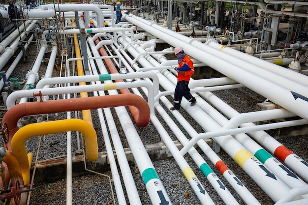 Male worker inspection at steel long pipes and pipe elbow in station oil factory during refinery valve of visual check record pipeline