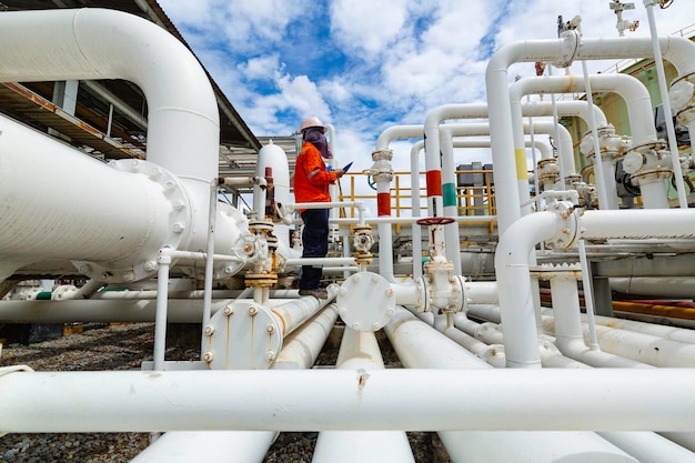 Male worker inspection at steel long pipes and pipe elbow in station oil factory during refinery valve of visual check record pipeline