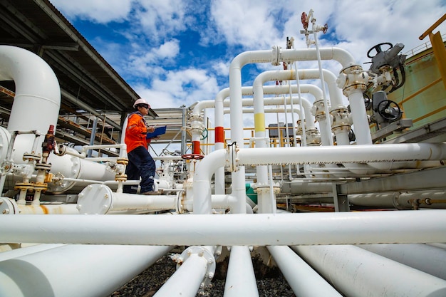 Male worker inspection at steel long pipes and pipe elbow in station oil factory during refinery valve of visual check record pipeline