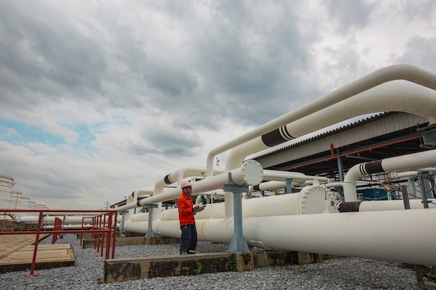 Male worker inspection at steel long pipes and pipe elbow in station oil factory during refinery valve of visual check record pipeline