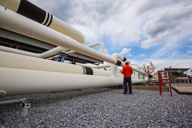 Male worker inspection at steel long pipes and pipe elbow in station oil factory during refinery valve of visual check record pipeline