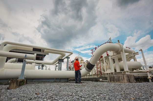 Male worker inspection at steel long pipes and pipe elbow in station oil factory during refinery valve of visual check record pipeline