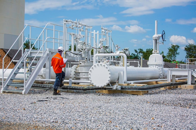 Male worker inspection at steel long pipes and pipe elbow in station oil factory during refinery valve of visual check record pipeline