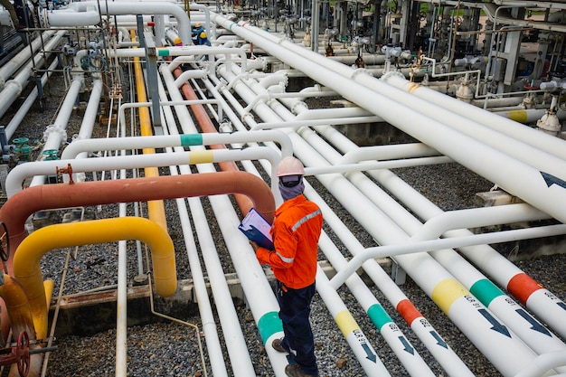 Male worker inspection at steel long pipes and pipe elbow in station oil factory during refinery valve of visual check record pipeline