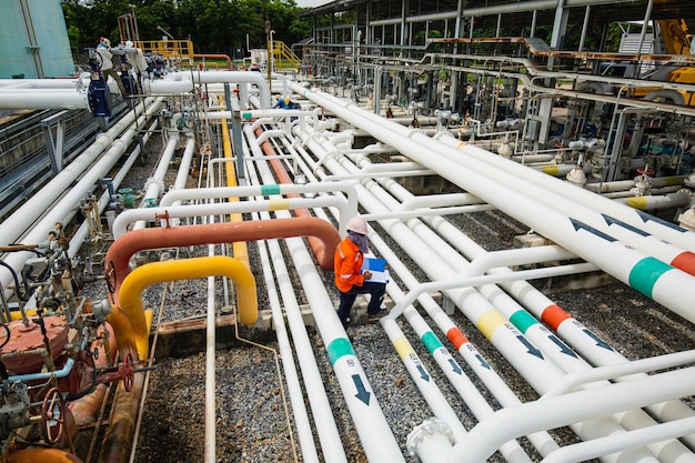 Male worker inspection at steel long pipes and pipe elbow in station oil factory during refinery valve of visual check record pipeline