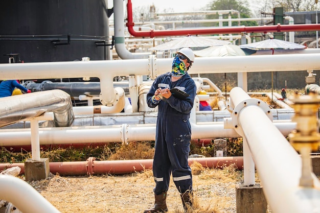 Male worker inspection at steel long pipes and pipe elbow in station oil factory during refinery valve of visual check record