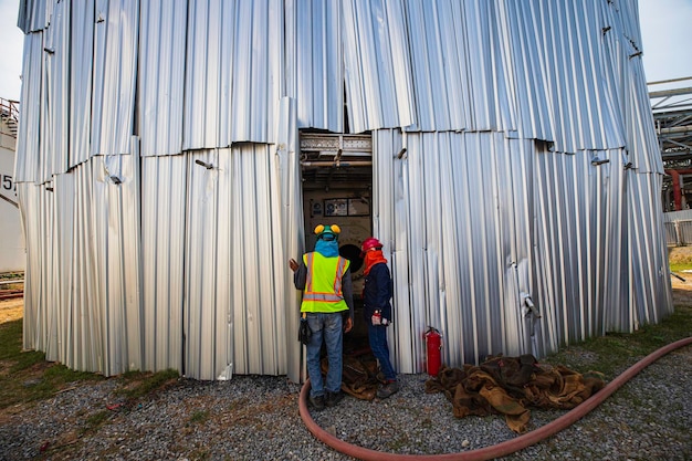 Male worker inspection the tank carbon chemical oil interface area confined space