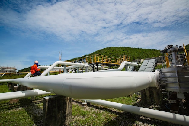 Male worker inspection at valve of visual check record pipeline oil and gas