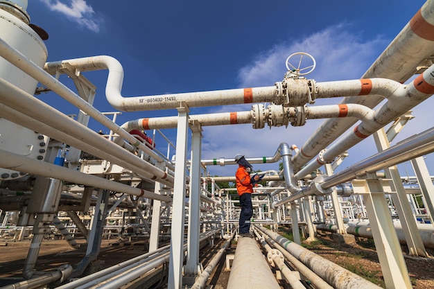 Male worker inspection at valve of visual check record pipeline oil and gas