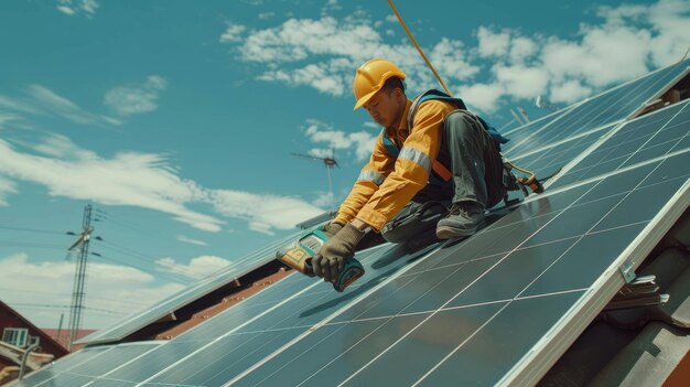 Male worker installing solar panels on roof for sustainable energy and resource conservation