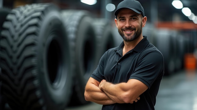 Photo male worker in large tire warehouse confidently smiling in black uniform logistics