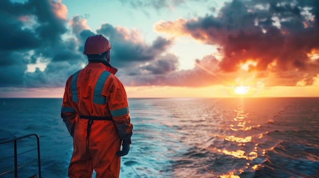 Male worker in protective gear watches sunset over ocean