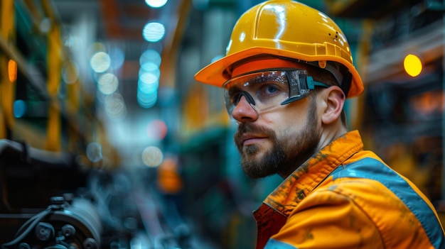 Male worker in safety gear including helmet and glasses focused on his task in an industrial environment