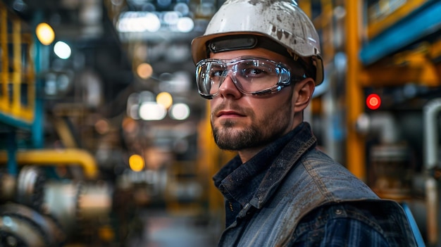 Male worker wearing safety gear including a hard hat and goggles in an industrial factory symbolizing safety and expertise