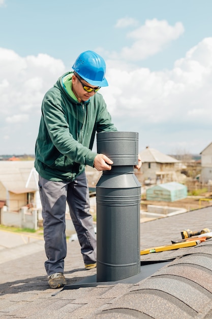 male worker with blue helmet installs an iron chimney worker 