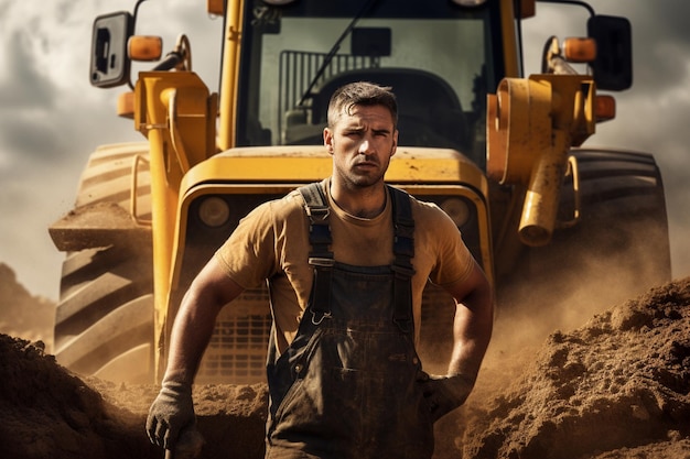 male worker with bulldozer in sand quarry