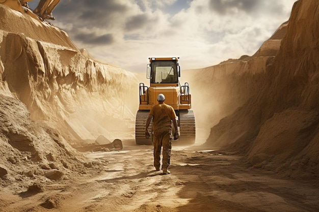 male worker with bulldozer in sand quarry