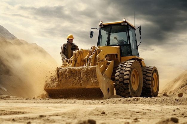 male worker with bulldozer in sand quarry