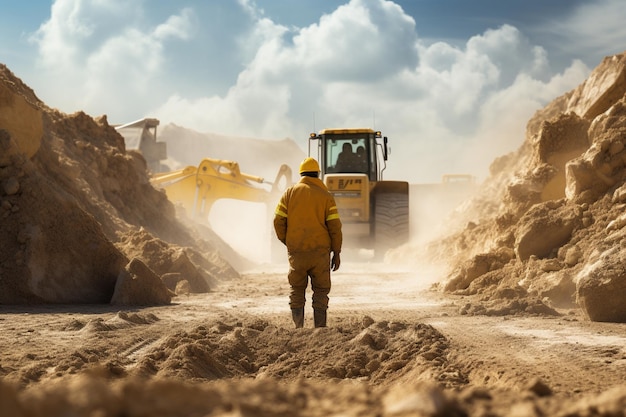 male worker with bulldozer in sand quarry