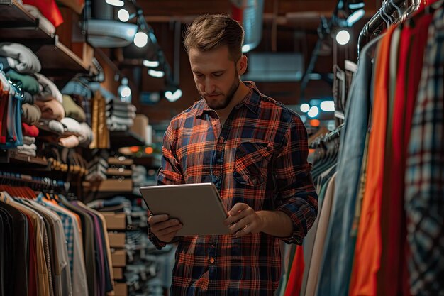 Male Workers Checking Inventory in Clothing Store with Digital Tablet