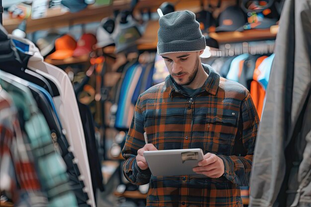 Male Workers Checking Inventory in Clothing Store with Digital Tablet