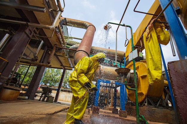 Male workers dressing in protective shower detoxification suit clean up after sealing a leaking container from corrosive toxic