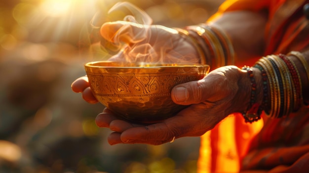 Male Yogis Hands Grabbing Tibetan Bowl in Soft Diffused Sunlight