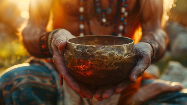 Male Yogis Hands Grabbing Tibetan Bowl in Soft Diffused Sunlight