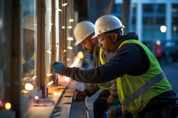 Males technician measuring window frame at construction