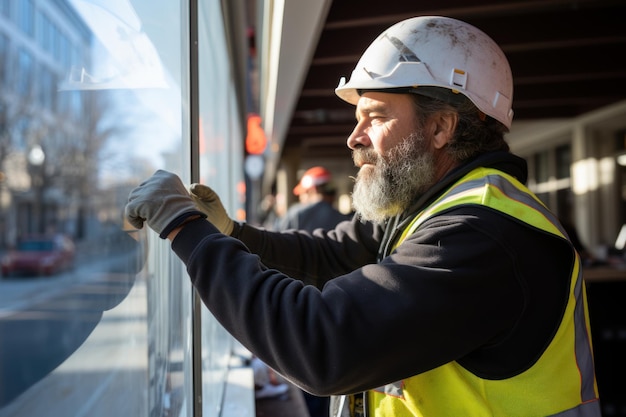 Males technician measuring window frame at construction