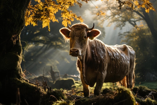 Malhado cow grazing serenely under leafy tree in a country landscape generative IA