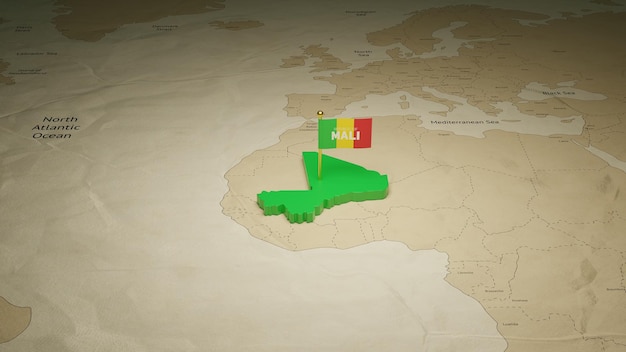 Mali map with flag on earth background 3d rendered