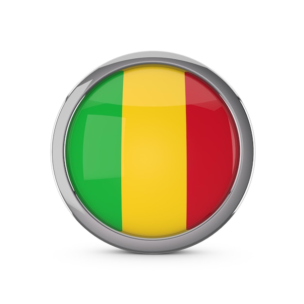 Mali national flag in a glossy circle shape with chrome frame 3D Rendering