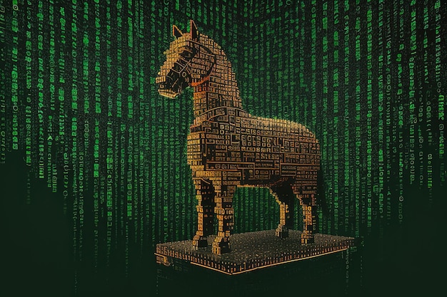 Malicious computer program Trojan horse Virus illustration in digital cyber space Generative AI