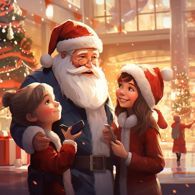 mall santa with kids in pixar art style noel