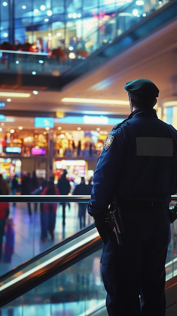 Photo mall security guard on duty in busy shopping center