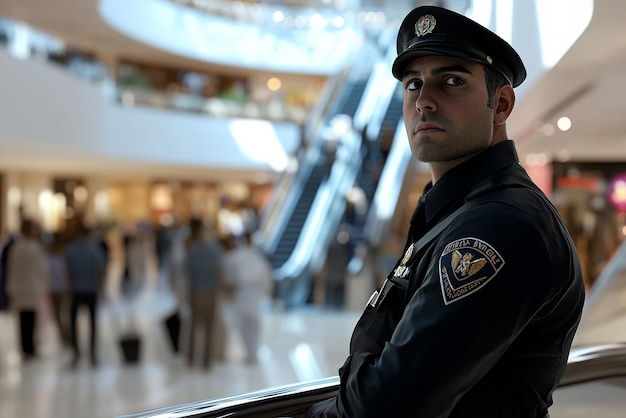 Photo mall security guard on duty in busy shopping center