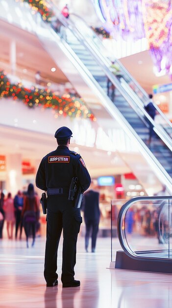 Photo mall security guard on duty in busy shopping center