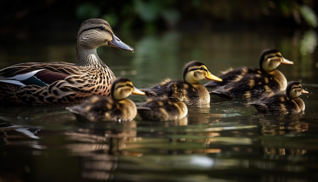 Mallard duck family reflects in tranquil pond generated by AI