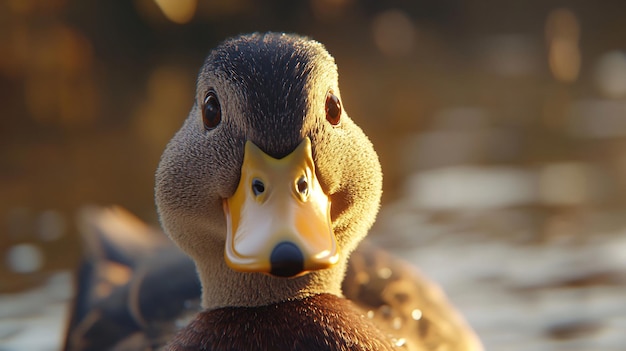 Photo a mallard duck peers out from the pond at sunset