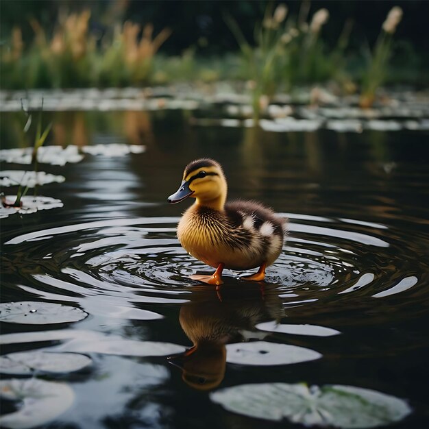 Photo mallard female with little ducklings in a living nature on the river on a sunny day breeding ai