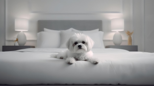 Maltese dog is lying on bed in hotel room with contemporary interior