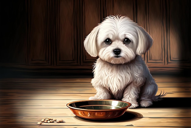 Maltese dog on old parquet waiting for food with an empty bowl