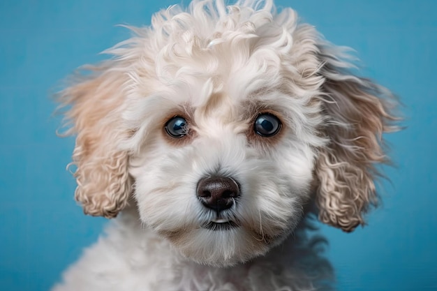 Maltipoo against a blue backdrop Curly dog in the photography studio Maltese poodle