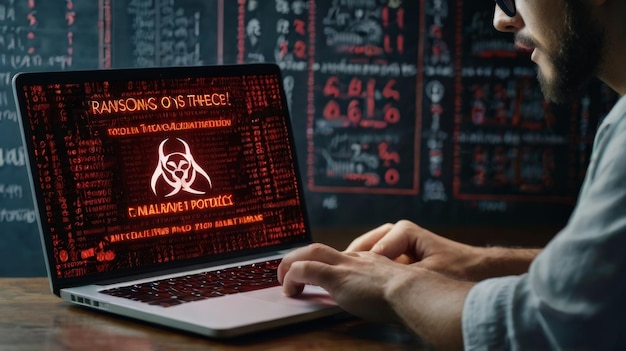 Photo malware attack virus alert person use laptop with virtual