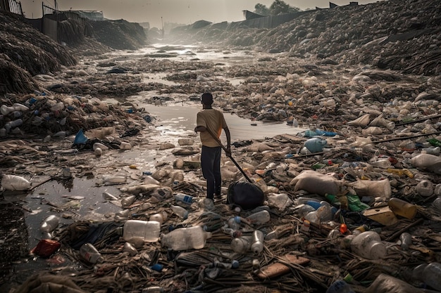 Mam standing in a huge dump Environmental pollution concept Created with Generative AI